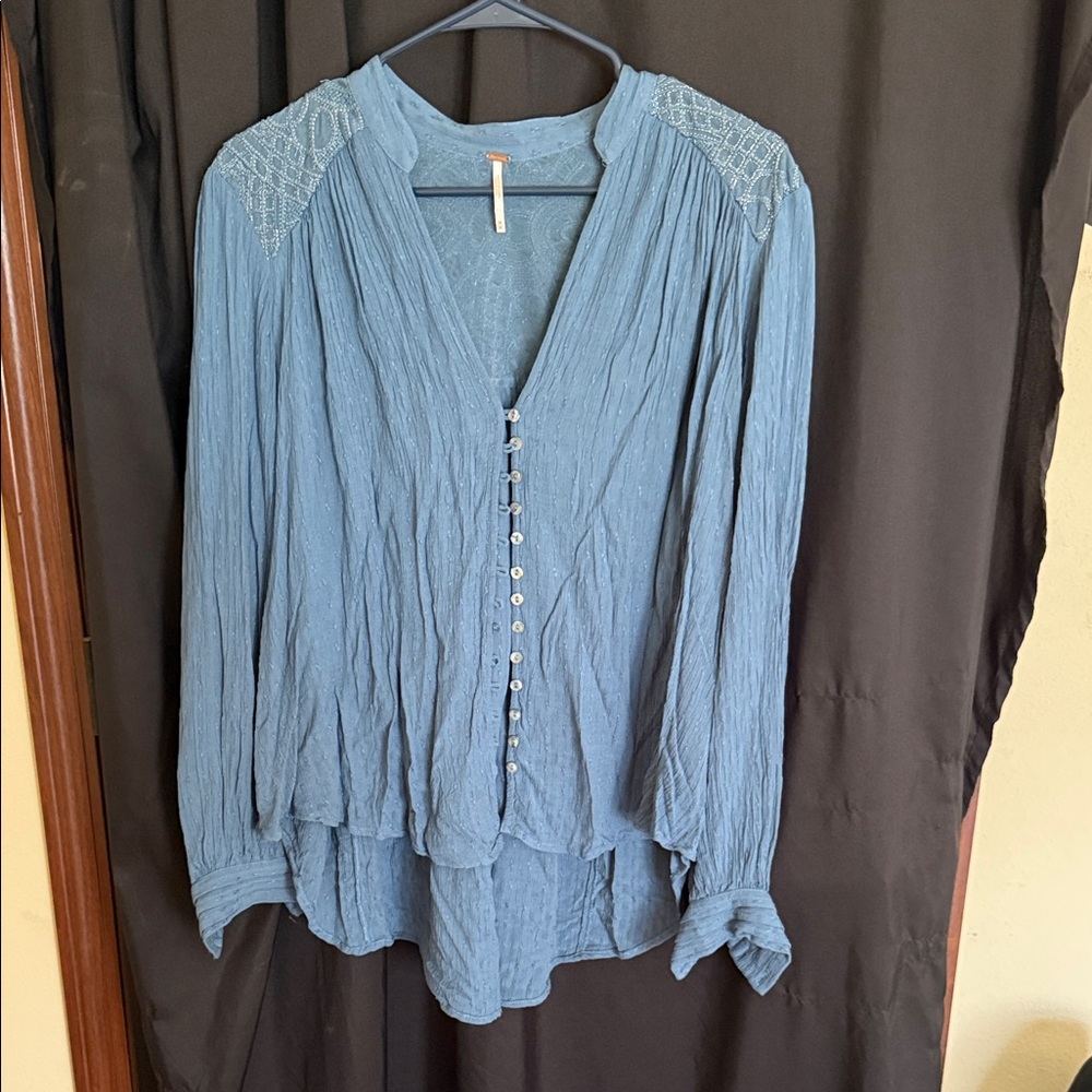 #87–Free People Sky Blue Button-Up Blouse